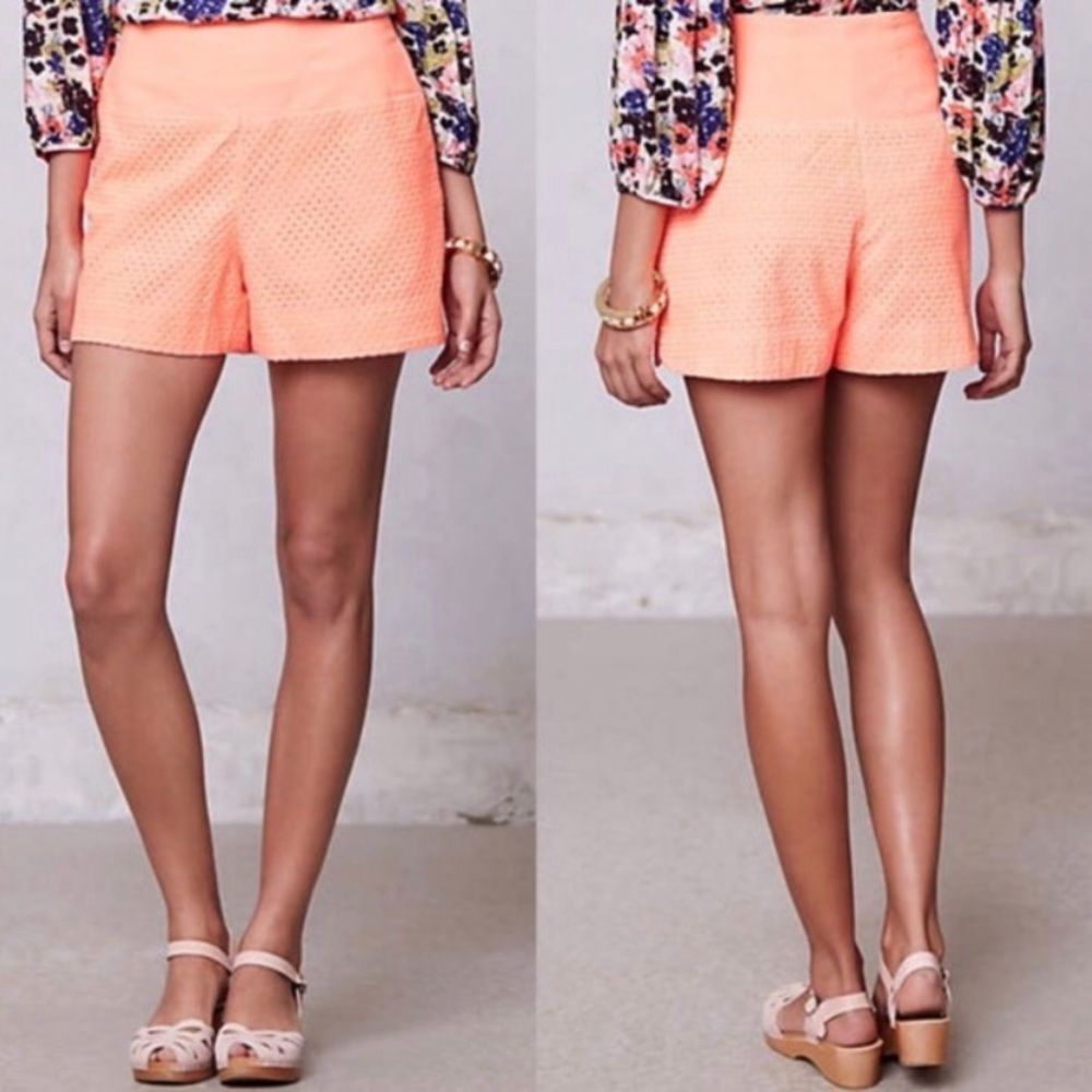Anthro Cartonnier high waisted coral eyelet shorts